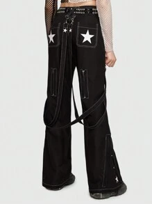 ROMWE Grunge Punk 星星印花拉鏈細節背帶喇叭褲 - 黑色 - 查看 2