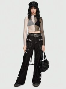ROMWE Grunge Punk 星星印花拉鏈細節背帶喇叭褲 - 黑色 - 查看 3