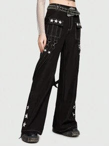 ROMWE Grunge Punk 星星印花拉鏈細節背帶喇叭褲 - 黑色 - 查看 5