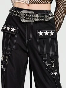 ROMWE Grunge Punk 星星印花拉鏈細節背帶喇叭褲 - 黑色 - 查看 6