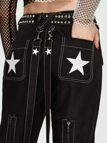 ROMWE Grunge Punk 星星印花拉鏈細節背帶喇叭褲 - 黑色 - 查看 7