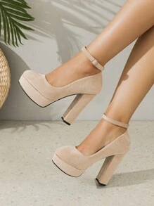 女士时尚高跟鞋，搭扣设计，圆头，4.9英寸粗跟，防水厚底，百搭，杏色，优雅 - 杏色 - 查看 3