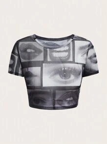 SHEIN ICON 眼睛圖案短款網紗上衣 - 彩色 - 查看 2