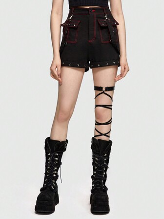 ROMWE Avant Contrast Binding Studded Decor Pocket Denim Shorts