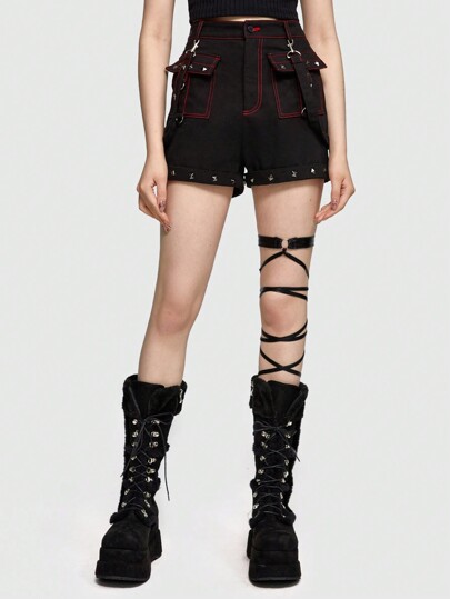 ROMWE Avant Contrast Binding Studded Decor Pocket Denim Shorts