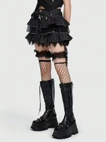 ROMWE Grunge Punk 條紋圖案荷葉邊腰帶吊帶襪半身裙 - 黑色 - 查看 2