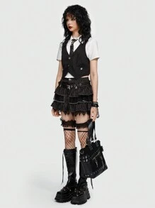 ROMWE Grunge Punk 條紋圖案荷葉邊腰帶吊帶襪半身裙 - 黑色 - 查看 3
