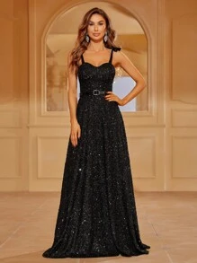 亮片裝飾吊帶禮服裙 - 黑色 - 查看 1