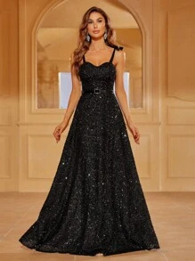 亮片裝飾吊帶禮服裙 - 黑色 - 查看 4