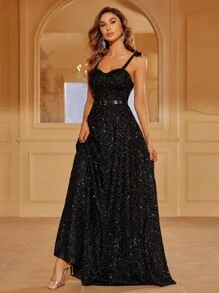 亮片裝飾吊帶禮服裙 - 黑色 - 查看 6