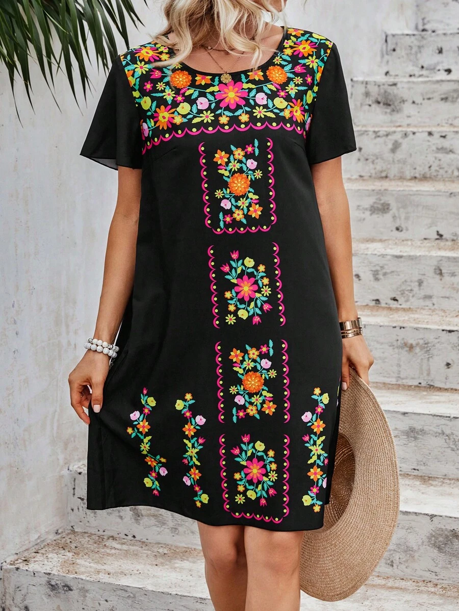 印花直筒洋裝 - 黑色 - 查看 1