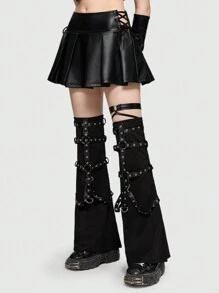 ROMWE Grunge Punk Lace Up Side Pleated PU Skirt - Black - View 1