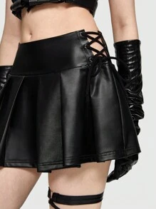 ROMWE Grunge Punk Lace Up Side Pleated PU Skirt - Black - View 2