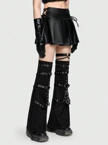 ROMWE Grunge Punk Lace Up Side Pleated PU Skirt - Black - View 5