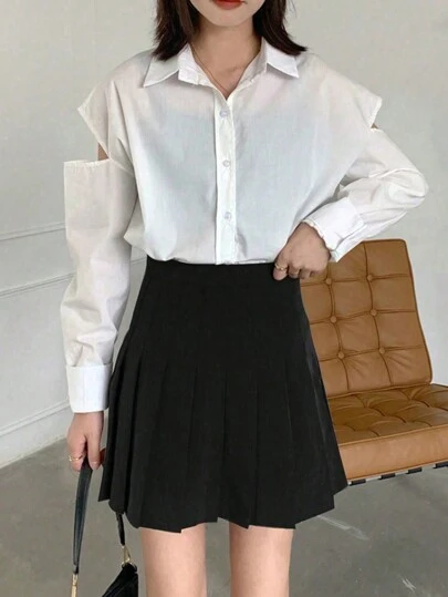 素色百褶迷你半身裙