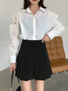 素色百褶迷你半身裙 - 黑色 - 查看 3