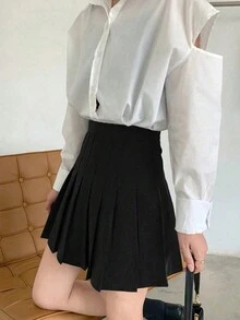 素色百褶迷你半身裙 - 黑色 - 查看 4