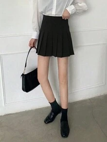 素色百褶迷你半身裙 - 黑色 - 查看 5