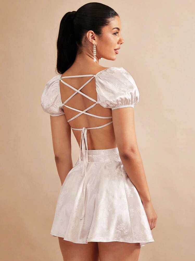 SHEIN BAE Jacquard Sweetheart Neck Puff Sleeve Crop Top & Knot Side Skirt - White - View 2