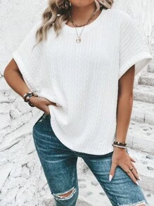 SHEIN LUNE 大碼素色蝙蝠袖T恤 - 白色 - 查看 3