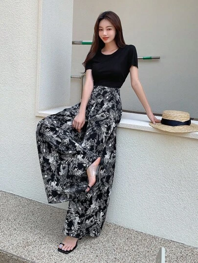 DAZY 纯色T恤和热带印花阔腿裤，女士两件套家居服套装