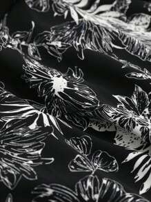 DAZY 纯色T恤和热带印花阔腿裤，女士两件套家居服套装 - 黑色 - 查看 3