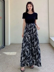 DAZY 纯色T恤和热带印花阔腿裤，女士两件套家居服套装 - 黑色 - 查看 4