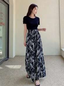 DAZY 纯色T恤和热带印花阔腿裤，女士两件套家居服套装 - 黑色 - 查看 6