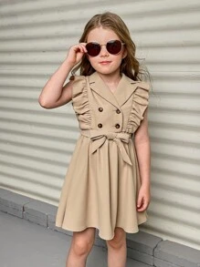 SHEIN 小女童荷葉邊雙排釦繫腰帶洋裝 - 卡其色 - 查看 3