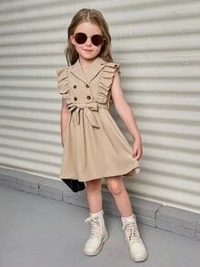 SHEIN 小女童荷葉邊雙排釦繫腰帶洋裝 - 卡其色 - 查看 5