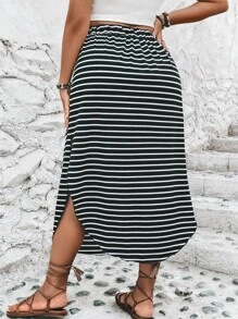 SHEIN LUNE 大碼條紋印花前打結弧形下擺半身裙 - 黑與白 - 查看 2