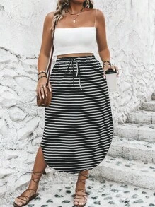 SHEIN LUNE 大碼條紋印花前打結弧形下擺半身裙 - 黑與白 - 查看 4