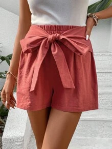 SHEIN VCAY 前繫帶闊腿短褲 - 紅木色 - 查看 3