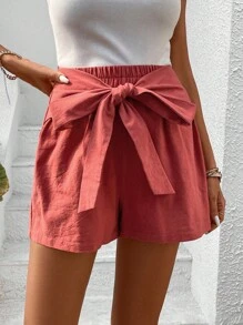 SHEIN VCAY 前繫帶闊腿短褲 - 紅木色 - 查看 4