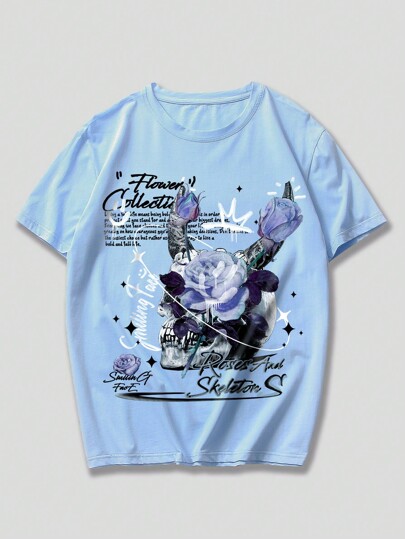 Street Life Herren T-Shirt mit Blumen, Totenkopf und Slogan Grafik, Schule, 2000er Jahre Stil