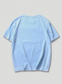 ROMWE MEN Street Life 男士花卉骷髅与标语图案T恤，学校风，2000年代风格 - 淺藍色 - 查看 2