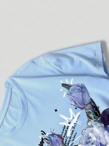 ROMWE MEN Street Life 男士花卉骷髅与标语图案T恤，学校风，2000年代风格 - 淺藍色 - 查看 5