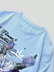 ROMWE MEN Street Life 男士花卉骷髅与标语图案T恤，学校风，2000年代风格 - 淺藍色 - 查看 6