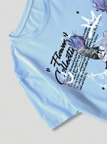 ROMWE MEN Street Life 男士花卉骷髅与标语图案T恤，学校风，2000年代风格 - 淺藍色 - 查看 7