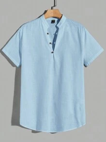 Manfinity RebelGame Loose Men Cotton Solid Button Front Mock Neck Shirt - Baby Blue - View 1