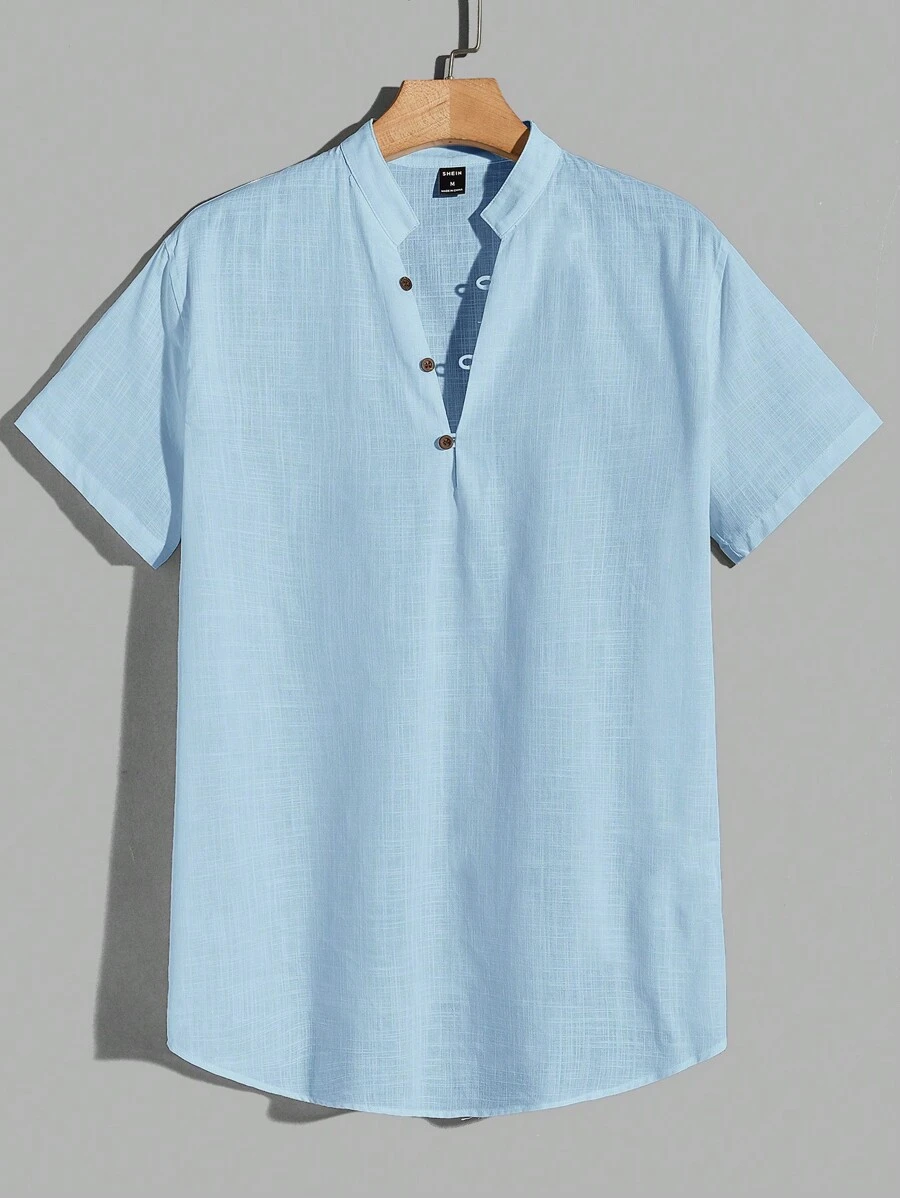 Manfinity RebelGame Loose Men Cotton Solid Button Front Mock Neck Shirt - Baby Blue - View 1