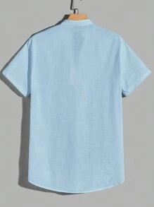 Manfinity RebelGame Loose Men Cotton Solid Button Front Mock Neck Shirt - Baby Blue - View 2