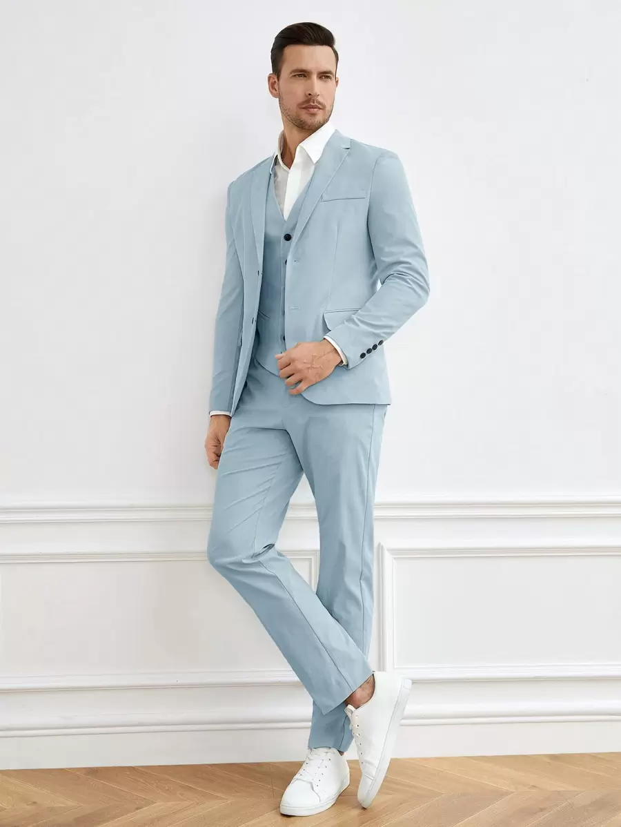 GENTILAND 男士前紐扣西裝外套和背心和西裝褲無襯衫 - 淺藍色 - 查看 1