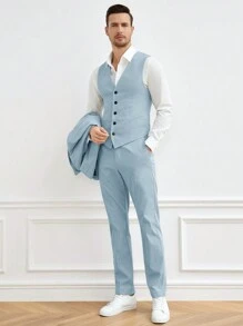 GENTILAND 男士前紐扣西裝外套和背心和西裝褲無襯衫 - 淺藍色 - 查看 2