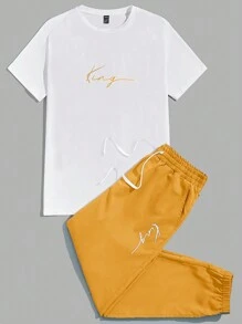 GENTILAND 男士棉字母圖案T恤和腰部抽繩長褲 - 芥末黃 - 查看 1