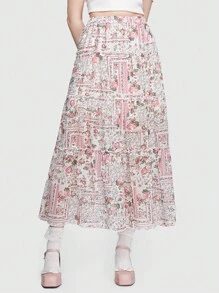 ROMWE Váy nữ viền lá sen phân lớp Chắp vá Boho - Hồng - Xem 1