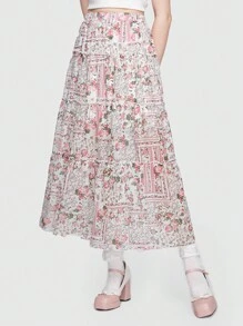 ROMWE Váy nữ viền lá sen phân lớp Chắp vá Boho - Hồng - Xem 3