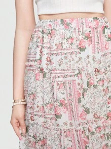 ROMWE Váy nữ viền lá sen phân lớp Chắp vá Boho - Hồng - Xem 5