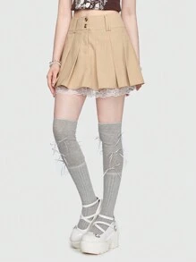 ROMWE Contrast Lace Pleated Skirt - Khaki - View 1