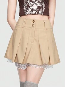 ROMWE Contrast Lace Pleated Skirt - Khaki - View 2